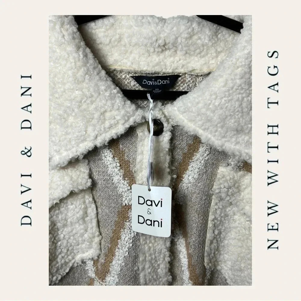 DAVI & DANI FULL BUTTON DOWN SHERPA CARDIGAN TAN/… - image 5
